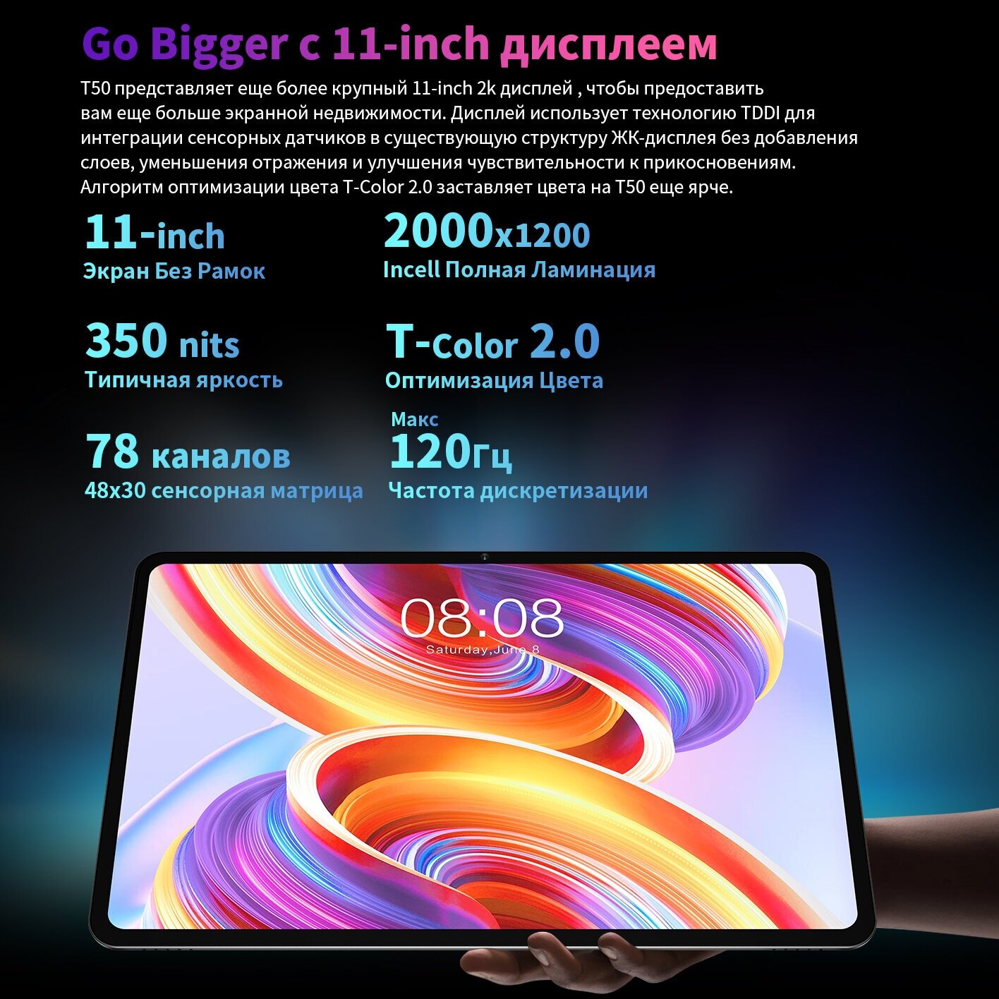 Планшет Teclast T50 Tiger T616 (20) 8C RAM8Gb ROM256Gb 11" IPS 2000x1200 3G 4G Android 11 серебристый 20Mpix 8Mpix BT GPS WiFi Touch microSD 1Tb 7500