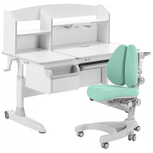 фото Комплект anatomica premium-50 парта romana + надстройка + подставка для книг + кресло ribera duos 120x60 см белый/серый/зеленый