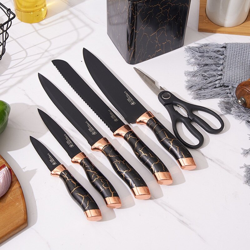 Набор кухонных ножей "THE HOME". Универсальные ножи 6 предметов с подставкой и мраморным принтом - фотография № 6