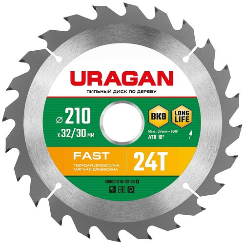 URAGAN Fast 210х32/30мм 24Т, диск пильный по дереву uragan optima 160х20 16мм 24т диск пильный по дереву
