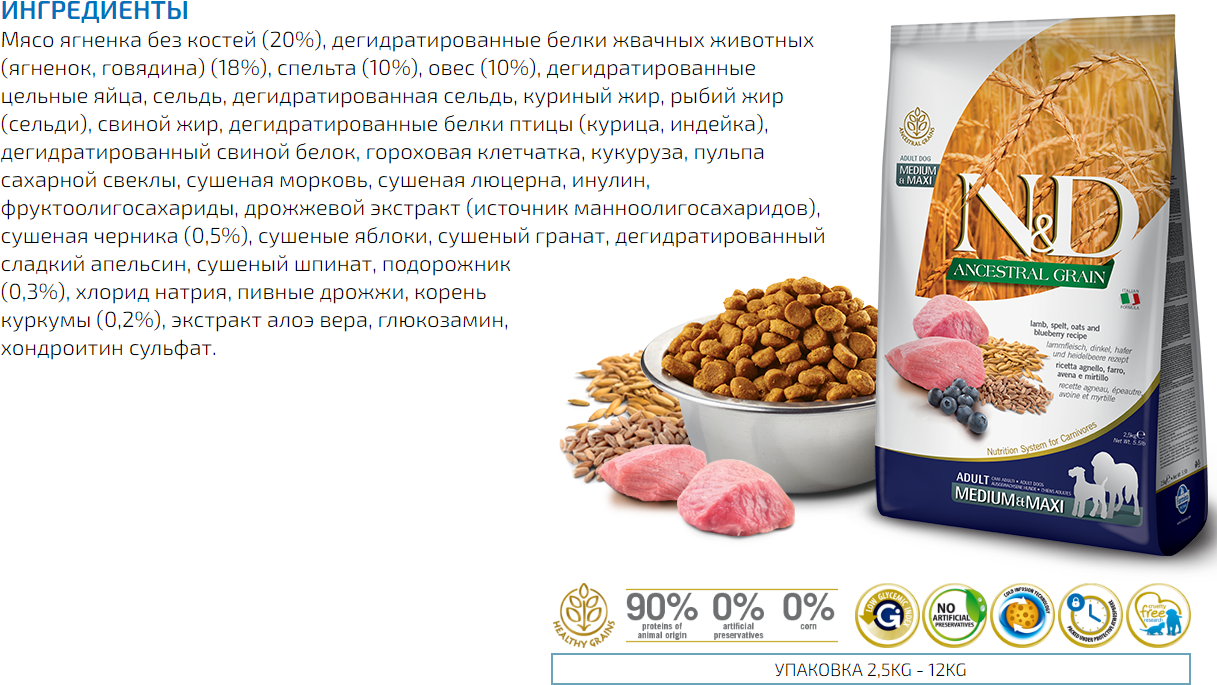 FARMINA Сухой низкозерновой корм для собак всех пород ANCESTRAL GRAIN LINE ягненок с черникой Н Д 111402,5 кг38979