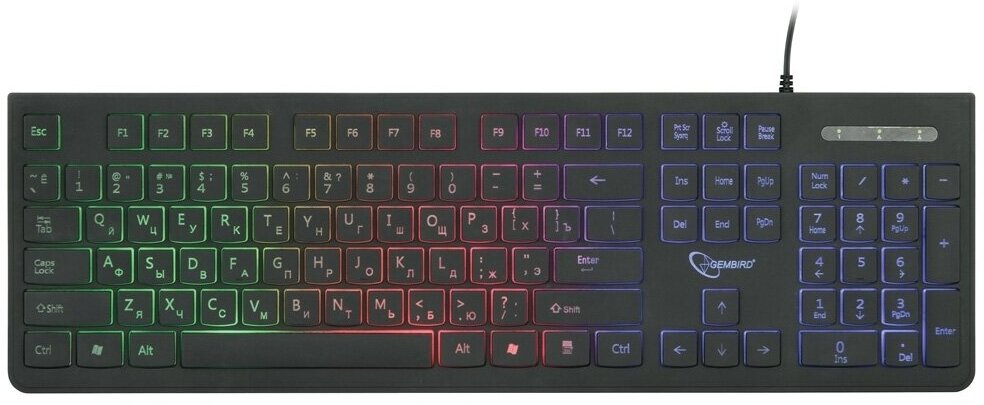 Клавиатура с подсветкой Gembird KB-250L, USB, черный, 104 клавиши, подсветка Rainbow, шоколадный тип клавиш, кабель 1.5м