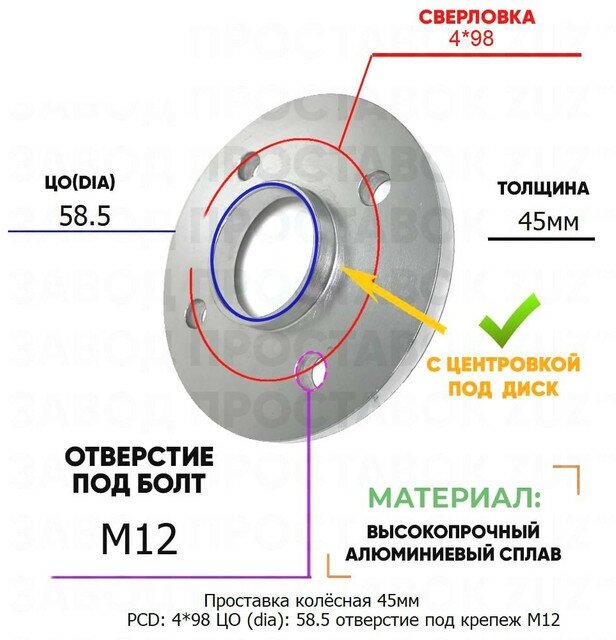 Проставка колёсная 1 шт 45мм PCD: 4*98 ЦО (DIA): 58,5 с бортиком отверстие под крепёж M12 на ступицу: Datsun, ВАЗ, Лада 4x98 4х98