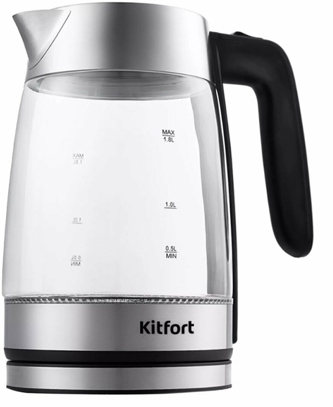 Чайник KITFORT КТ-641, 1,8 л, 2200 Вт, закрытый нагревательный элемент, стекло, серебристый