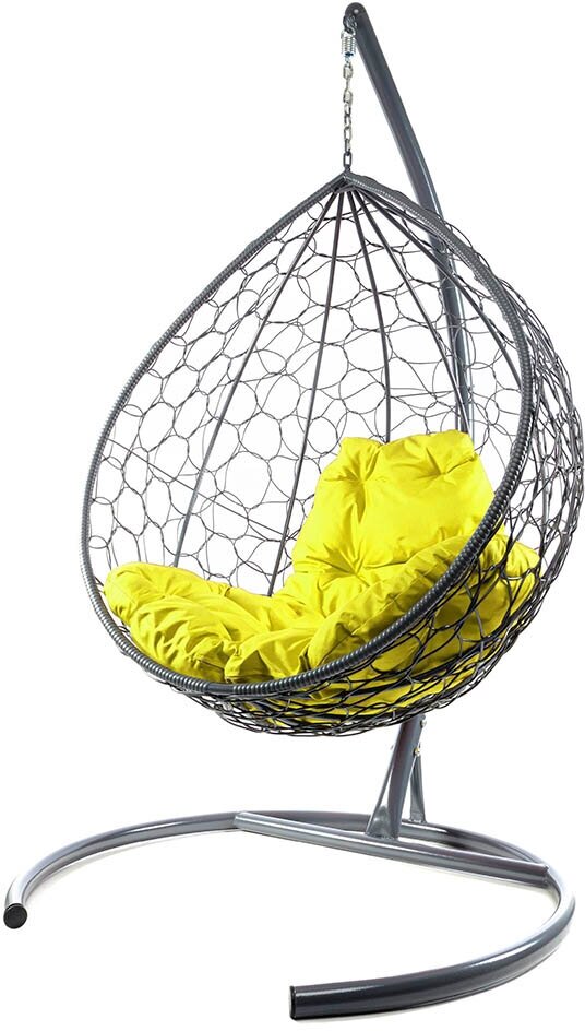 Подвесное кресло из ротанга "Капля" серое с жёлтой подушкой M-Group