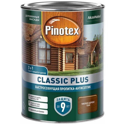 Pinotex CLASSIC PLUS пропитка-антисептик быстросохнущая 3 в 1, тиковое дерево 0,9 л 5727890 пропитка pinotex classic plus для дерева антисептик тиковое дерево 0 9 л