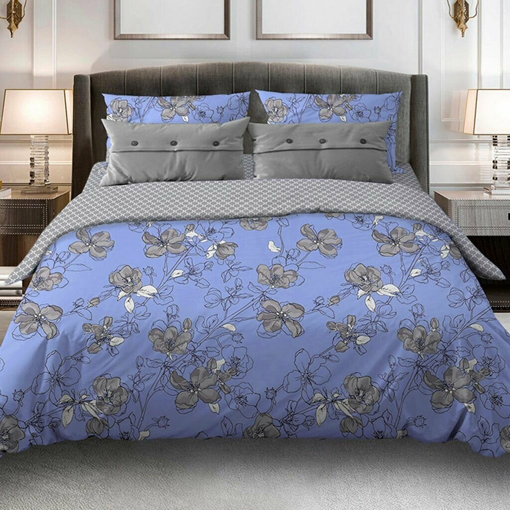 Постельное белье, комплект 1,5 спальный "Цветы сакуры лавандовый/Серый", 4 предмета, бязь 121г/м2, наволочки 70х70см