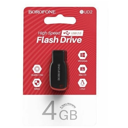 USB Флеш-накопитель BOROFONE USB флэш-диск 4Gb BUD2 USB2.0 корпус пластик, цвет: черно-красный 4 ГБ, красный