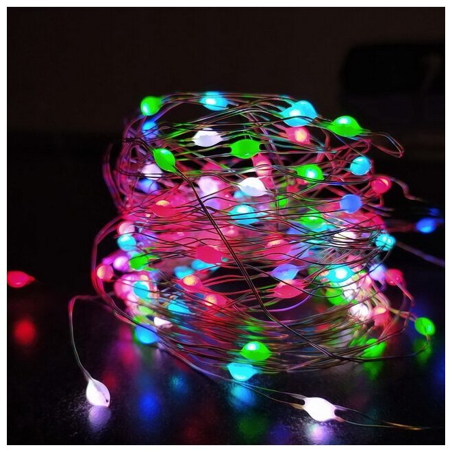 Светодиодная USB-гирлянда Роса Grande 12 м, 120 разноцветных RGB LED, серебряная проволока, 64 режима, пульт управления, таймер, IP20