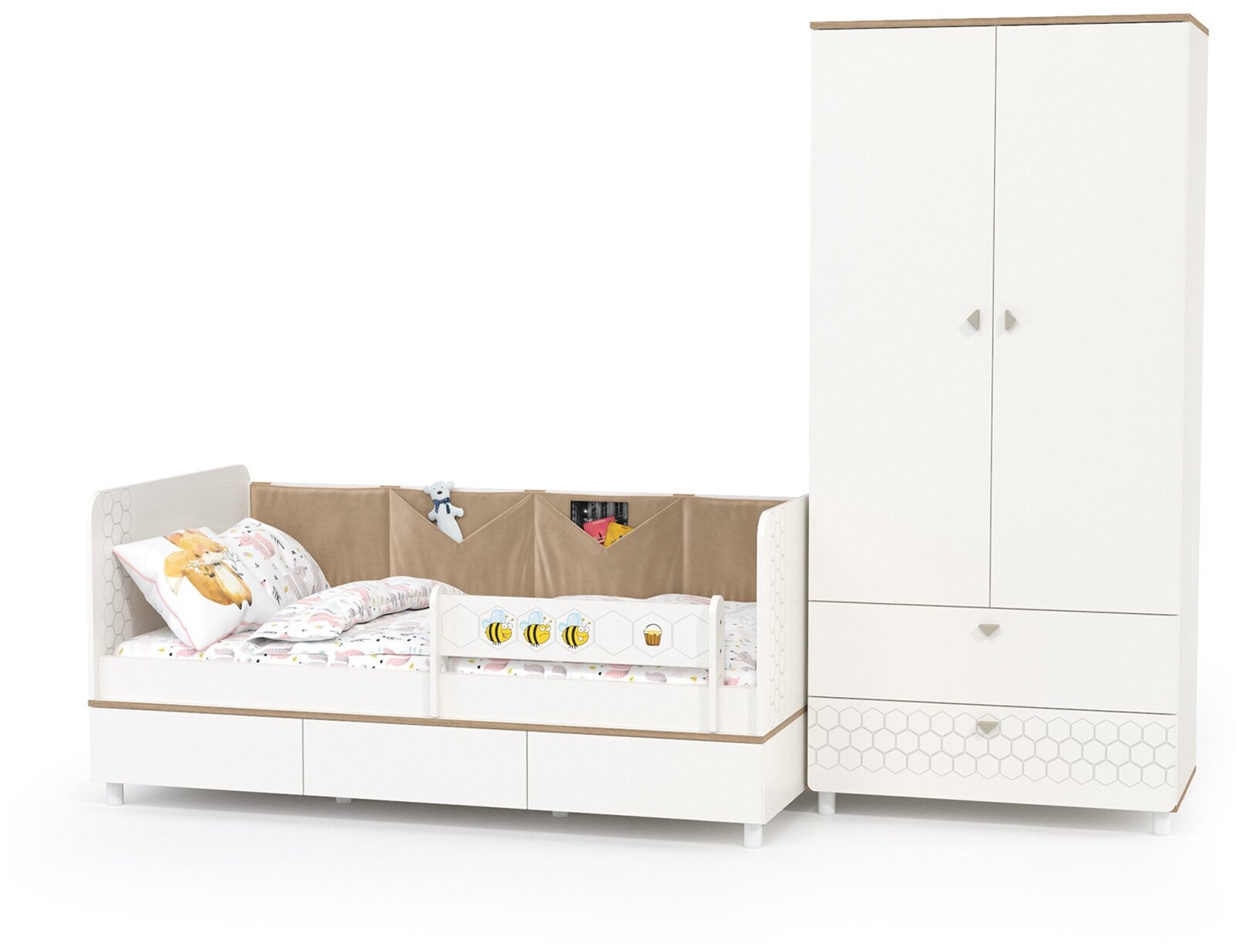 Детская кровать с ящиками для белья и шкафом для детской одежды Эйп, цвет белый/дуб белый, спальное место 800х1600 мм, без матраса