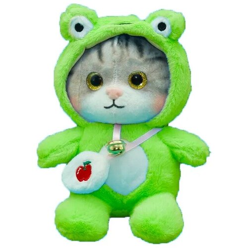 Плюшевая мягкая игрушка, Котенок в капюшоне с колокольчиком (зеленый)