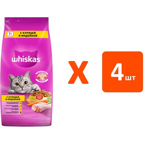 WHISKAS аппетитное ассорти для взрослых кошек с курицей и индейкой с нежным паштетом (5 кг х 4 шт)