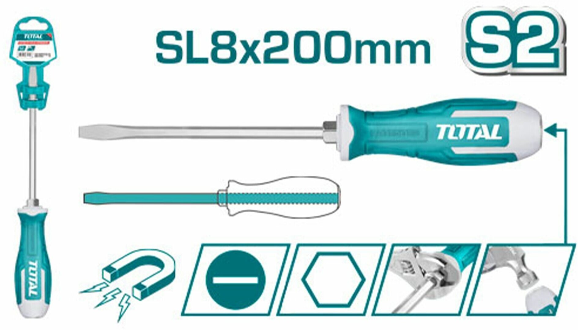 Отвертка шлицевая SL8*200 мм ударная магнитная сталь S2 TOTAL