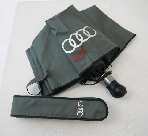 Зонт Audi, автомат, 3 сложения, купол 100 см, 9 спиц, ручка натуральная кожа, система «антиветер», чехол в комплекте, серый