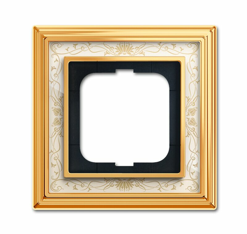 Рамка династия ABB, 1 пост, цвет - латунь полированная, белая роспись, металл, стекло, 2CKA001754A4570
