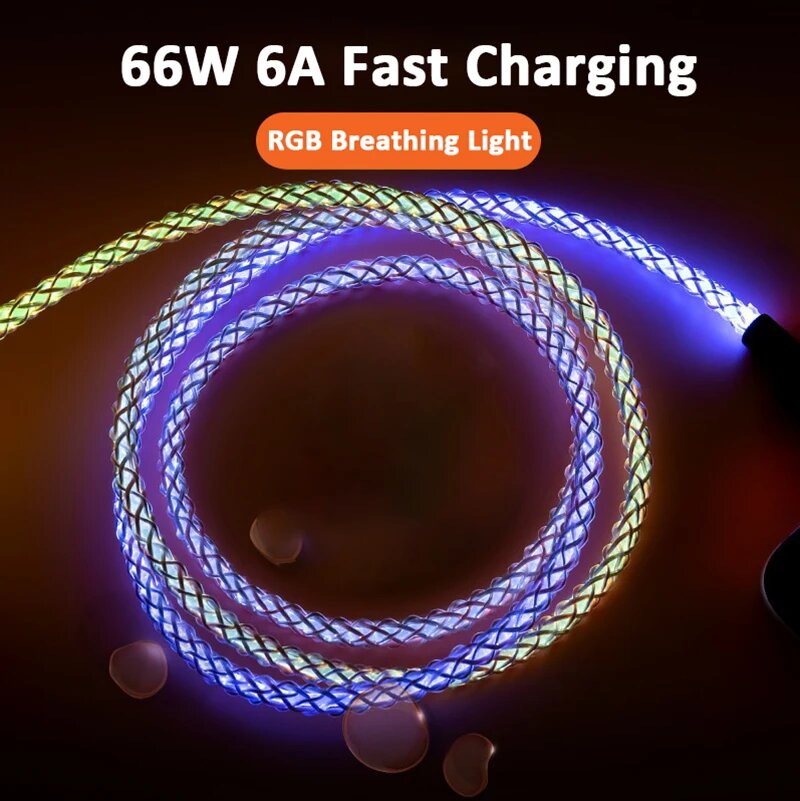 3-в-1 6A 66W RGB супер быстрый зарядный кабель Type-C Micro USB кабель зарядного устройства поток Прохладный красочный светящийся кабель для передачи данных для iPhone Android, 3 IN 1 RGB, 2m — фото 1