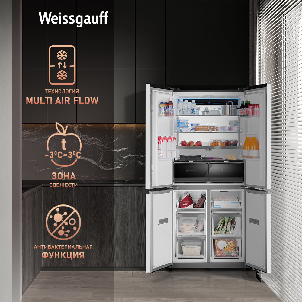 Отдельностоящий холодильник с инвертором Weissgauff WCD 450 WNF Built-in, объем 446 литров — фото 1