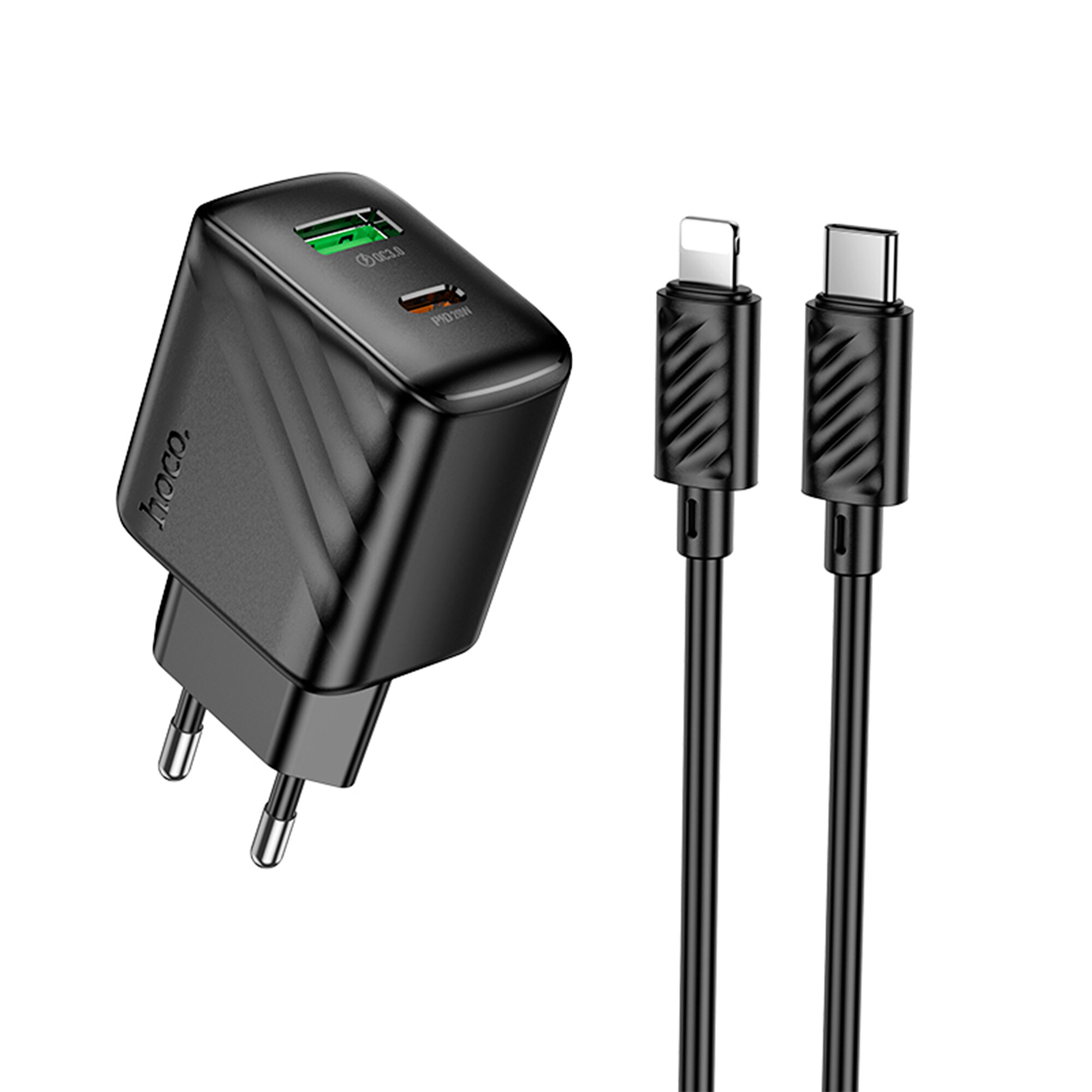 Сетевое зарядное устройство, 1 USB 3.0 QC+1 PD 20W (CS25A), HOCO, Type-C to Lightning, черный