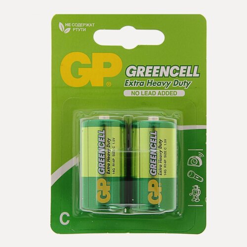 Изображение товара Батарейка солевая GP Greencell Extra Heavy Duty, С, R14-2BL, 1.5В, блистер, 2 шт.