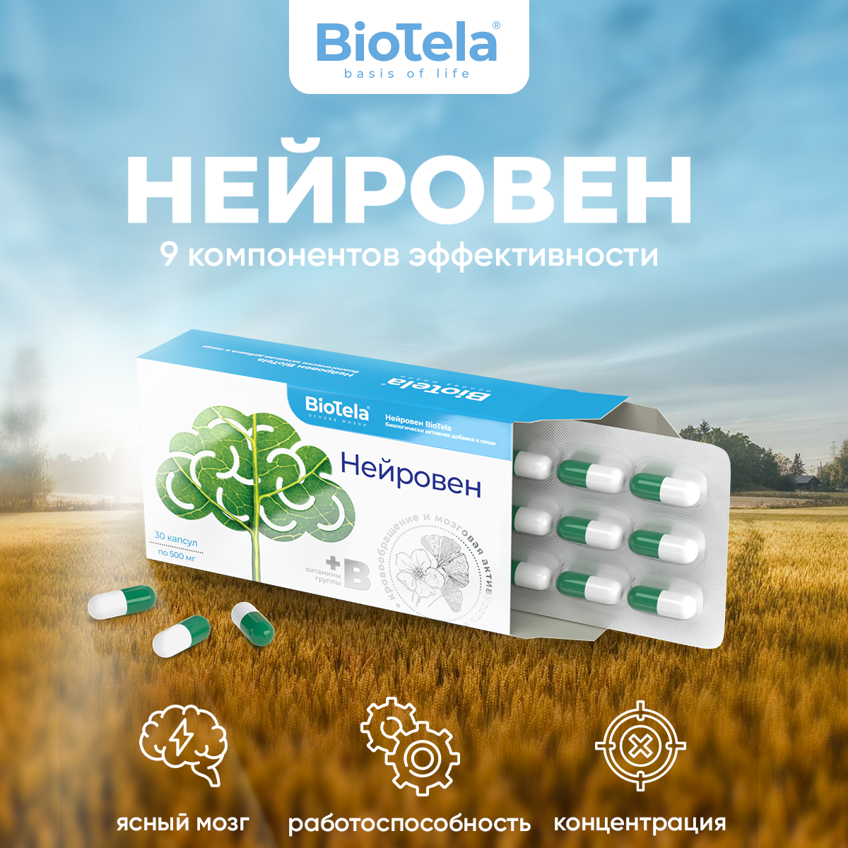 Нейровен, ноотроп 9-ти компонентный, 30 капсул