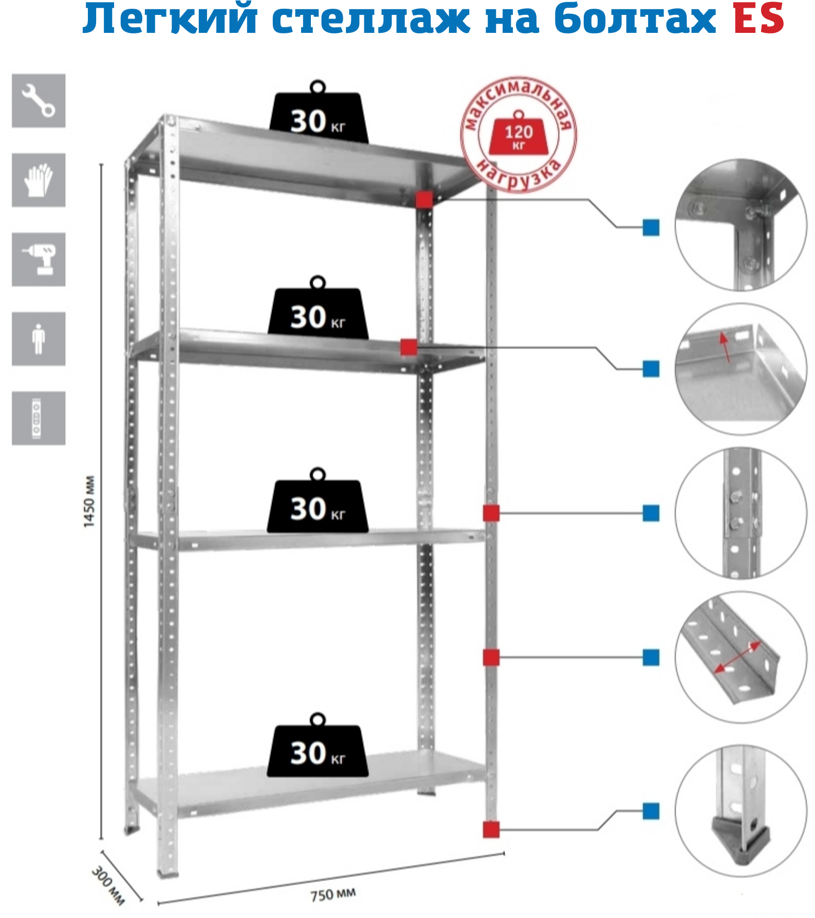 Стеллаж металлический SAFEBURG ES 150KD/75x30 сборный с 4 полками (до 30 кг на полку)