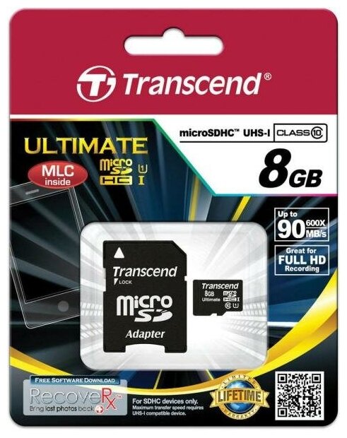 Карта памяти Micro SDHC 8GB Transcend UHS-I 600x Class 10 (TS8GUSDHC10U1)