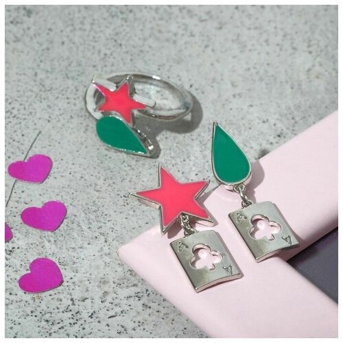 Комплект бижутерии: кольцо, серьги, размер кольца: безразмерное, зеленый, розовый