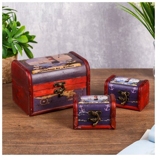 фото Шкатулка дерево "маяк в море" набор 3 шт 5,5х8,5х5,5 10,5х15х10 см 3974762 сима-ленд