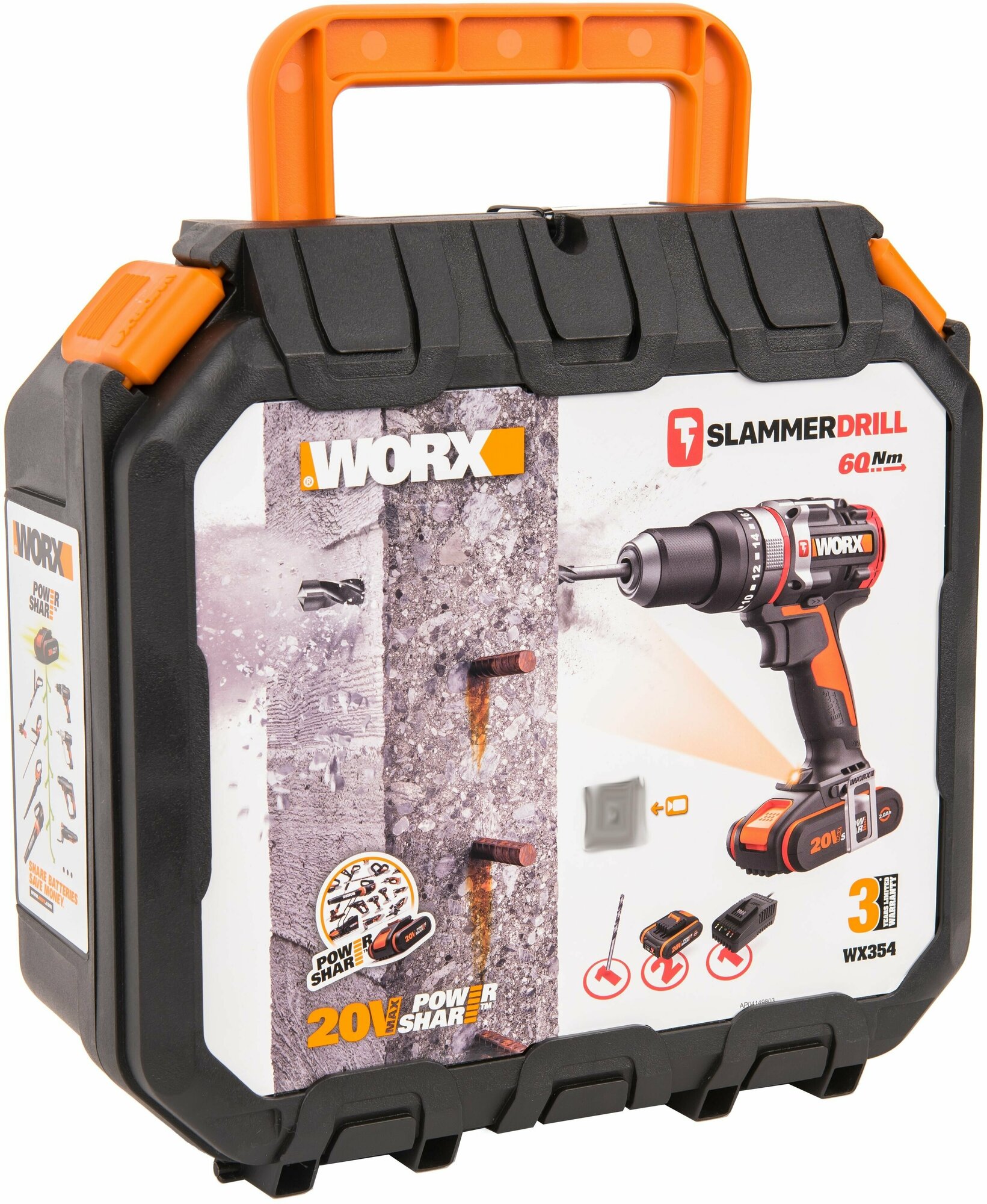 Дрель-шуруповерт ударная аккумуляторная WORX WX354, 20В, 60 Нм, бесщеточная, 2,0 Ач x2, кейс - фотография № 9