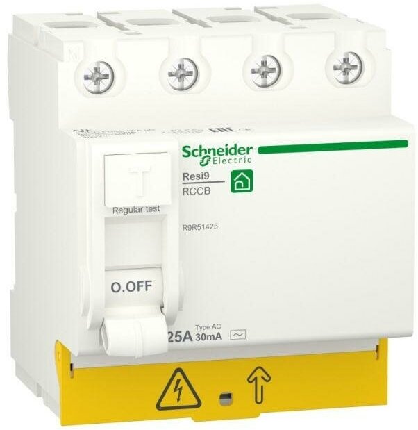 Выключатель дифференциального тока (УЗО) RESI9 25А 4P 30мА тип AC SchE, SCHNEIDER ELECTRIC R9R51425 (1 шт.)