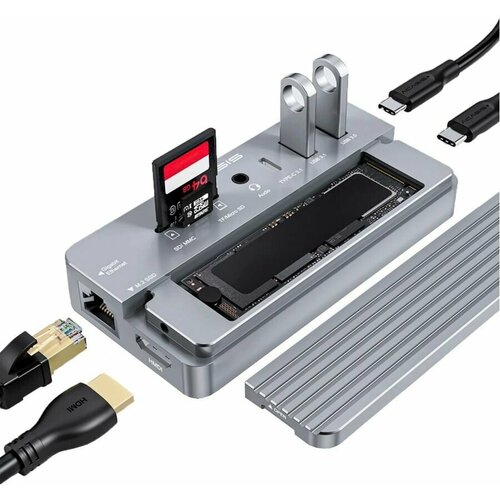 Док-станция Acasis USB-C HUB 10 в 1 для M.2 NVME и SATA NGFF SSD с поддержкой HDMI 8 ТБ для Windows/MAC/IPAD Silver (CM073)