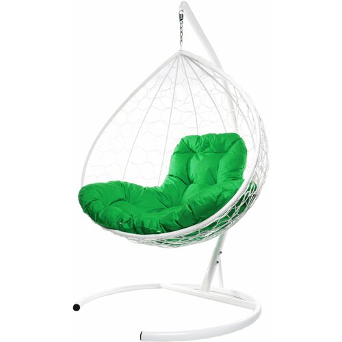 Подвесное кресло ротанг белое, зелёная подушка