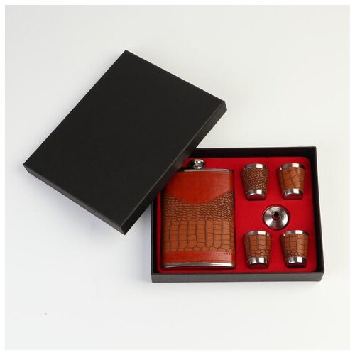 фото Подарочный набор 6 в 1: фляжка 270 мл, воронка, 4 рюмки, коричневый, 17х21 см 539779 сима-ленд