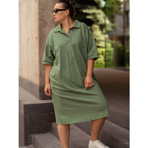 Платье-поло Modress, хлопок, в спортивном стиле, прямой силуэт, миди, карманы, размер 50-52, зеленый