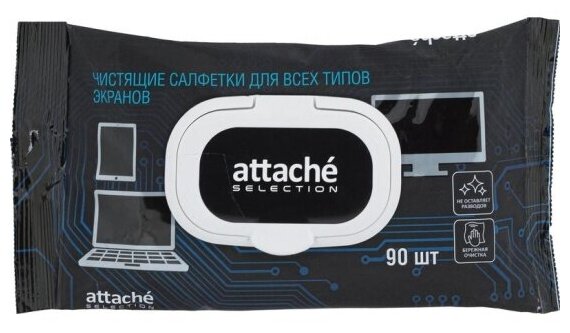 Салфетки влажные для чистки экранов Attache Selection с клапаном (90 штук в упаковке)