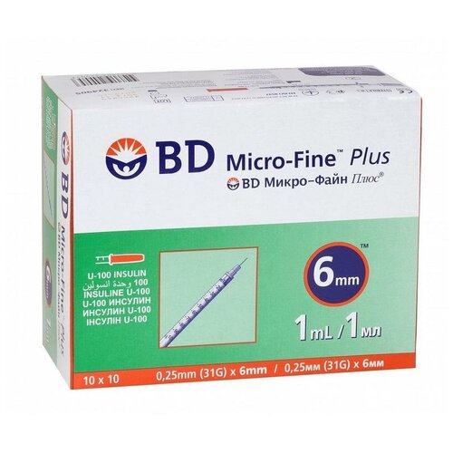 Шприц инсулиновый BD Micro-Fine Plus U-100 трехкомпонентный, 6 мм x 0.25 мм, размер: 31G, 1 мл, 10 шт.