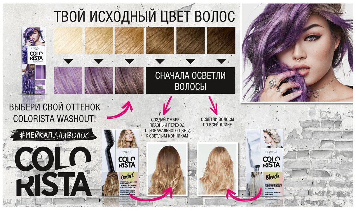 L'Oreal Paris красящий бальзам Colorista Washout для волос цвета блонд, мелированных и с эффектом Омбре, оттенок Пурпурные Волосы, 80 мл