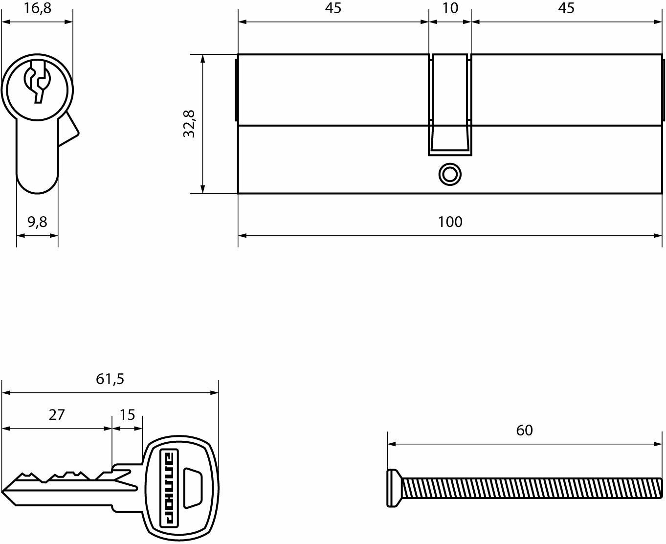 Цилиндровый механизм (личинка замка) 100 мм Аллюр A.100-6К ВР цвет латунь - фотография № 4