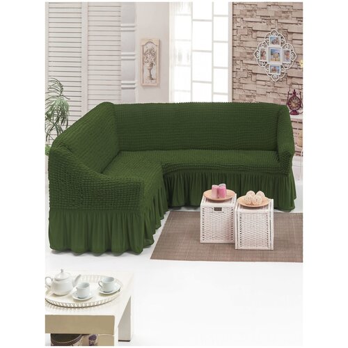 фото Чехол на мягкую мебель угловой диван, зеленый karbeltex