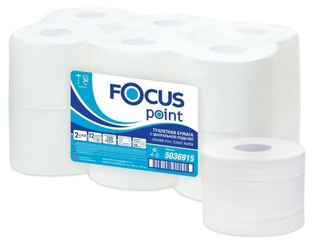 Бумага туалетная для диспенсера 2-слойная Focus Point с лист.подачей, белая, 120м, 12 рул/уп (5036915)