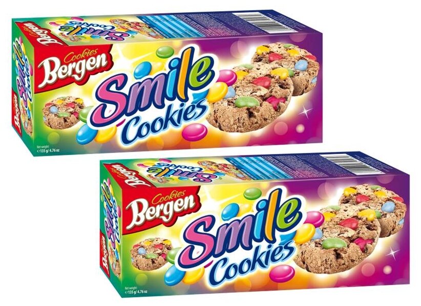 Печенье BERGEN "SMILE COOKIES" с кусочками шоколада и шоколадным драже, покрытым глазурью, 135г, 2шт.