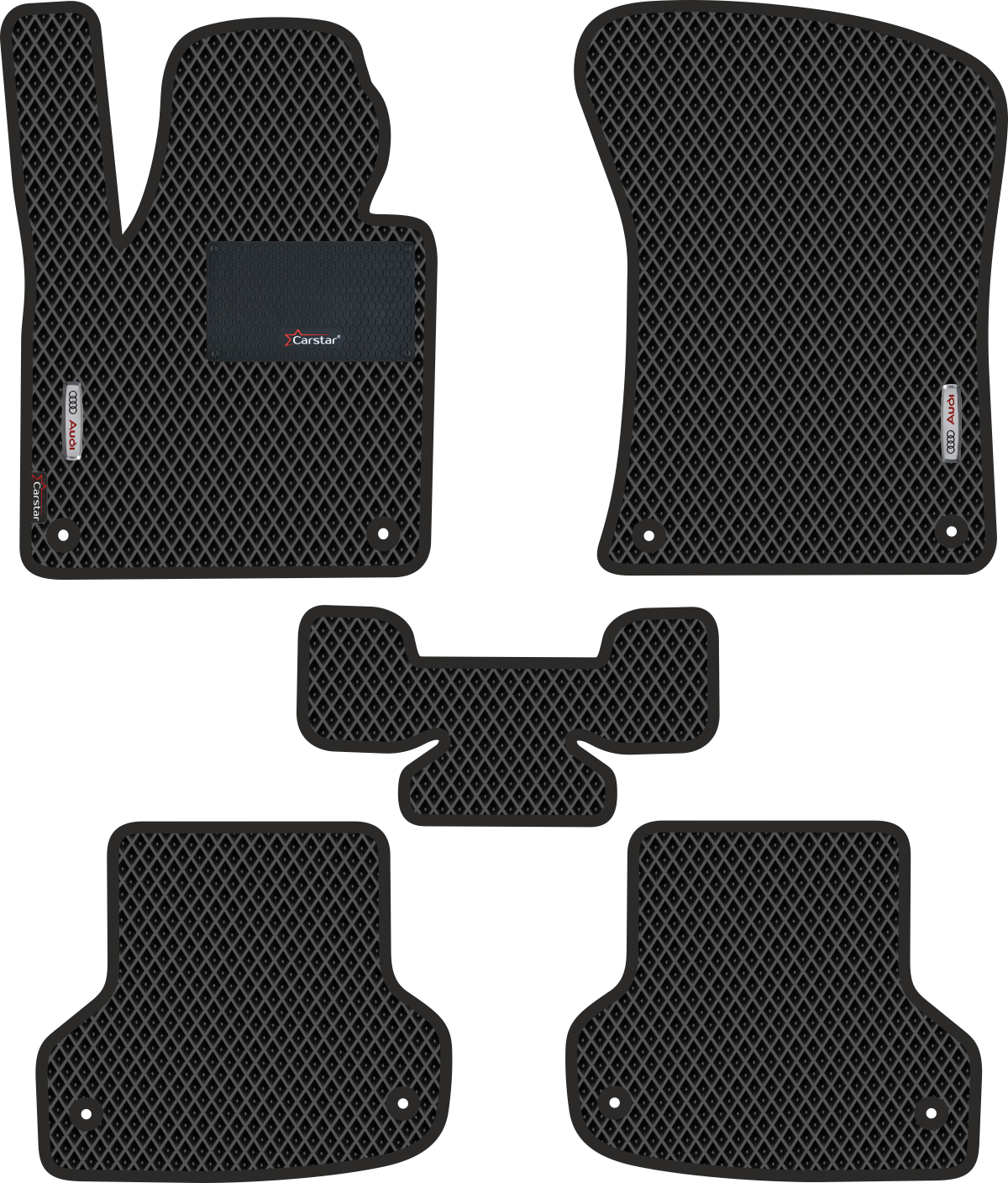 Автомобильные коврики EVA для Audi A3 II (2003-2012) с каучуковым подпятником и 2 эмблемами Audi, чёрные с чёрным кантом, ячейка - ромб