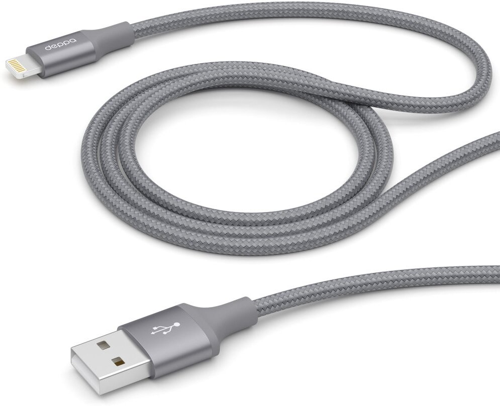 Дата-кабель USB-A – Lightning, алюминий/нейлон, MFI, 1.2 м, графит, Deppa, Deppa 72189