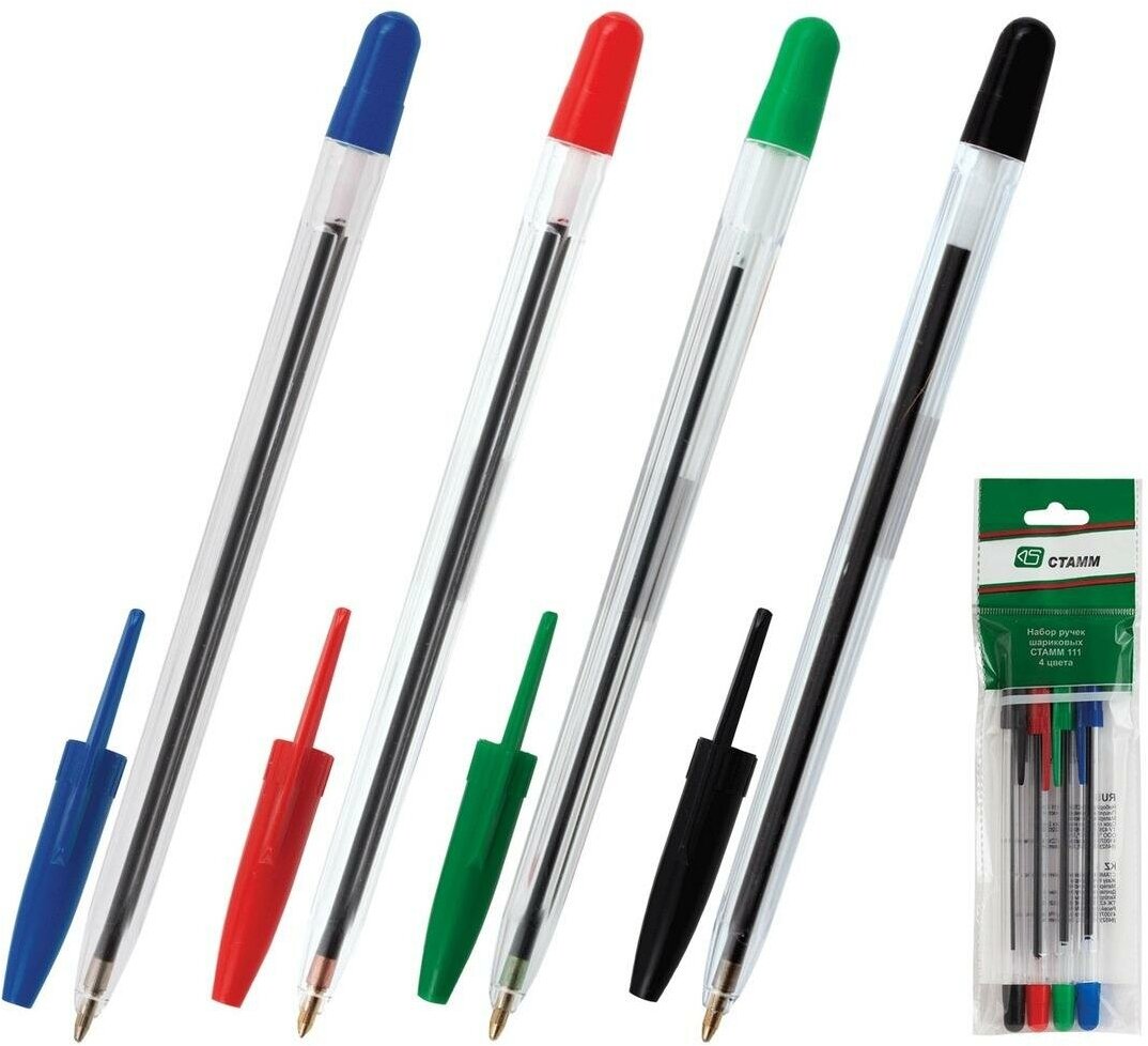 Ручка шариковая СТАММ набор 4 шт, 111, корпус прозрачный, 1,2 мм, линия 1 мм, (синий, черный, красный, зеленый) (РС07)