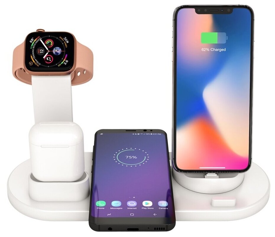 Док-станция для беспроводной зарядки UD15 4 в 1 для iPhone / Apple Watch / AirPods / устройств Android / Type-C / Micro USB / Lightning, серебристая