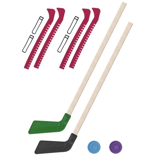 фото Набор зимний: 2 клюшки хоккейных зелёная и чёрная 80 см.+2 шайбы + чехлы для коньков красные - 2 шт. винтер