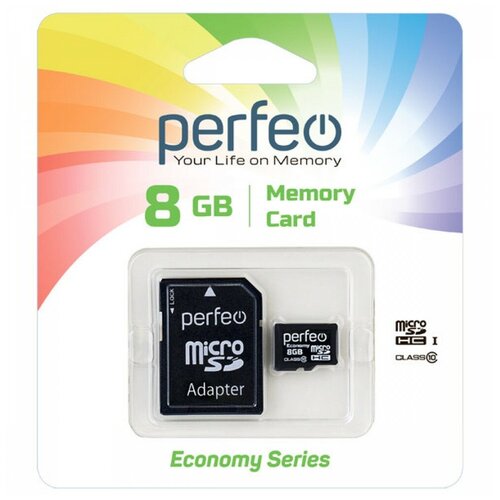 Карта памяти Perfeo microSD 8 ГБ Class 10, UHS-I, W 10 МБ/с, адаптер на SD, 1 шт., черный