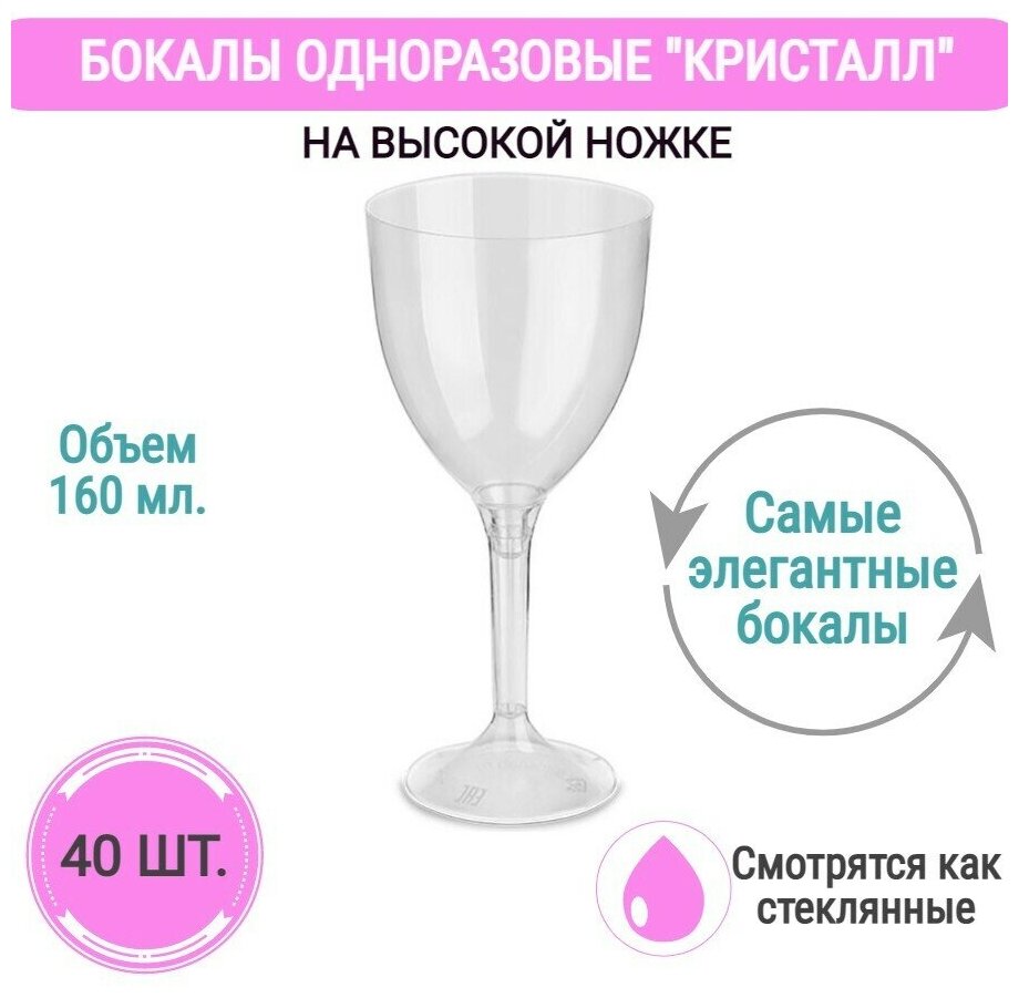фото Бокалы на высокой ножке одноразовые для вина шампанского фужеры посуда для праздника набор 60 шт 160мл пластик прозрачные для пикника на свадьбу