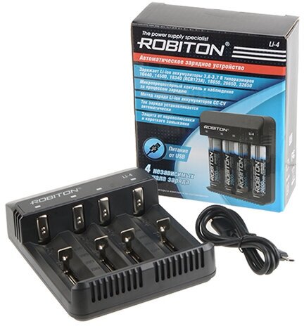 Зарядное устр-во ROBITON Li-4 для 1-4 аккум. Li-Ion 10440/18650/14500/26650/16340 USB 0.5-1A