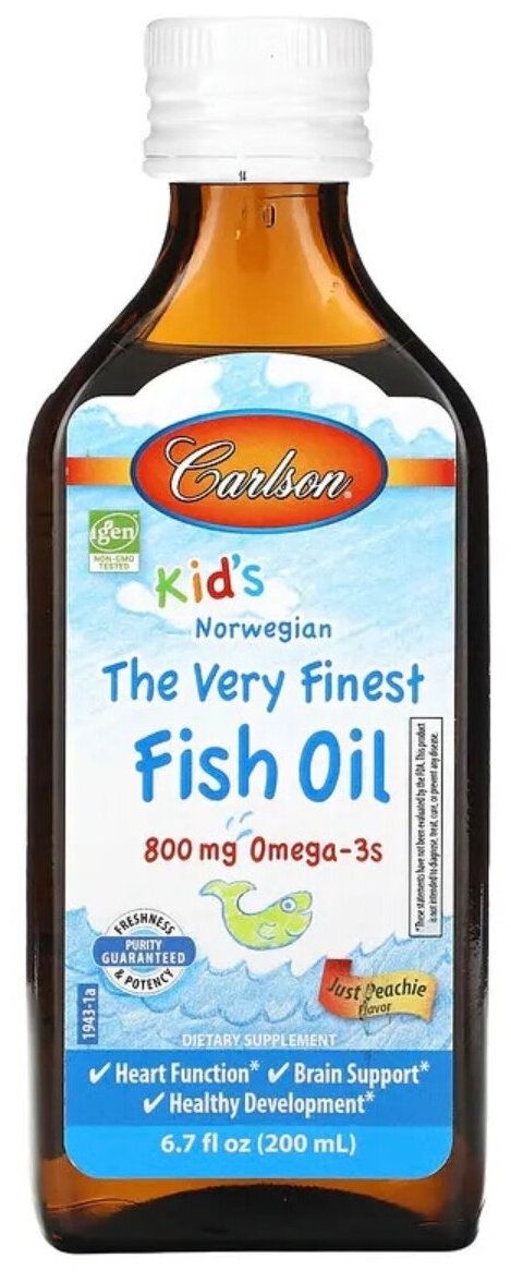 Carlson, Kids Norwegian, The Very Finest Fish Oil, Just Peachie, норвежская серия для детей, самый лучший рыбий жир, 800 mg, 6.7 fl oz (200 ml)